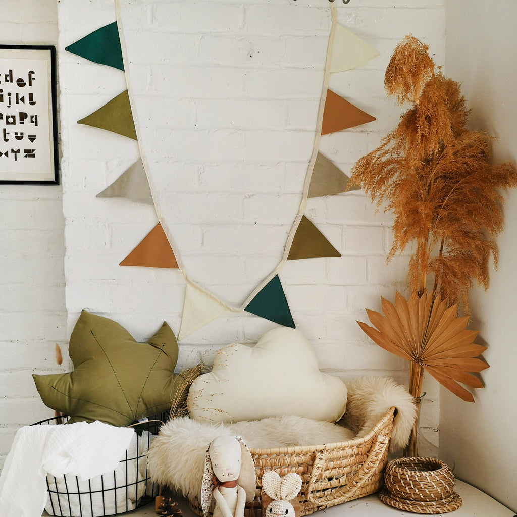 Beautiful handmade fabric bunting in soft earthy tones — olive green, forest green, light grey, off-white, and mustard ochre. Perfect for a woodland or boho-inspired nursery, birthday party, baby shower, or photo shoot.