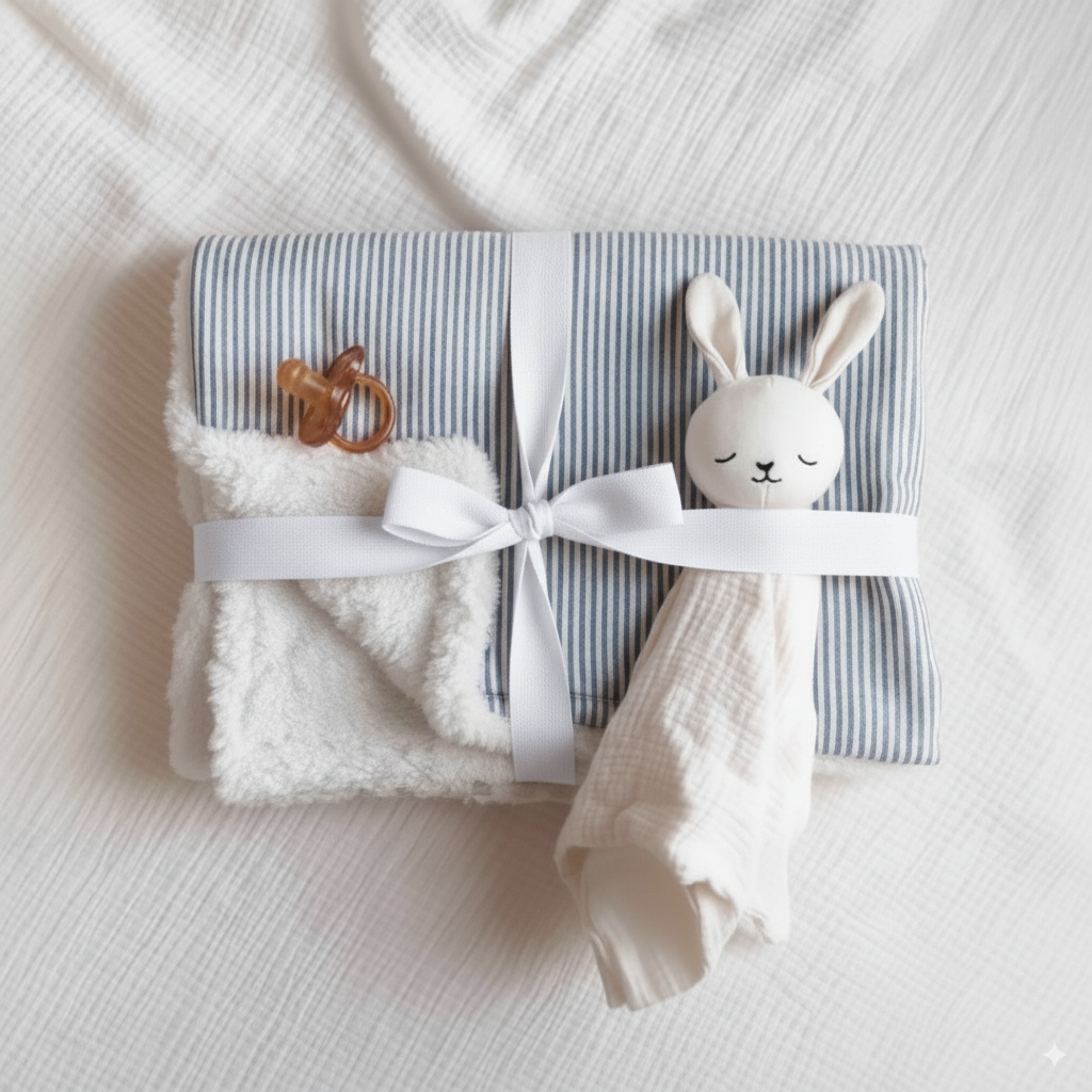 Couverture en lin et tissus peluche - Rayé bleu