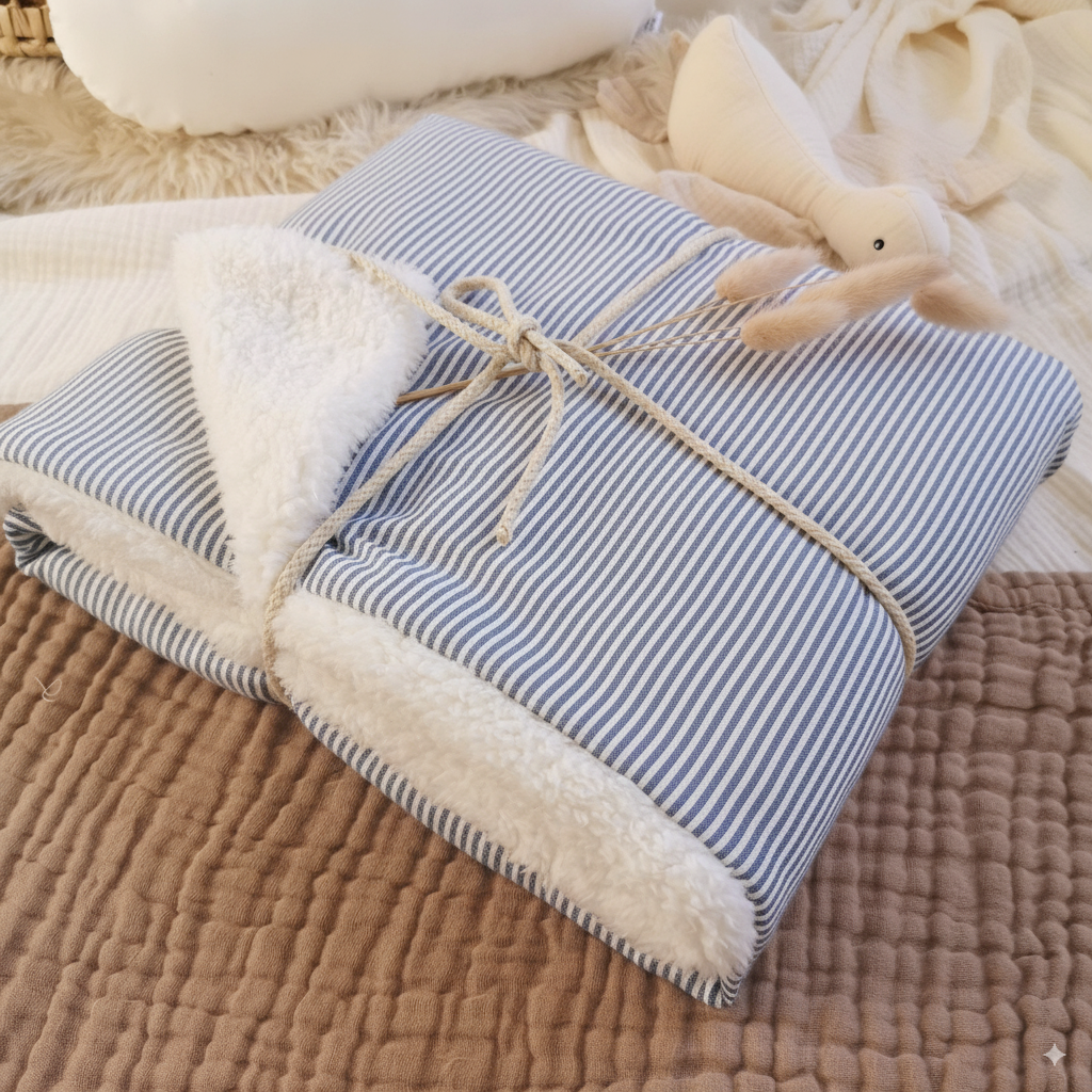 Couverture en lin et tissus peluche - Rayé bleu