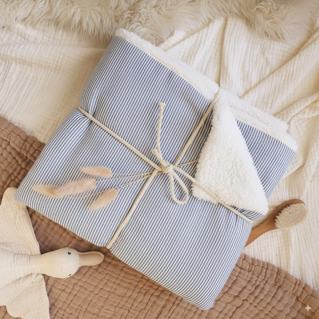 Couverture en lin et tissus peluche - Rayé bleu