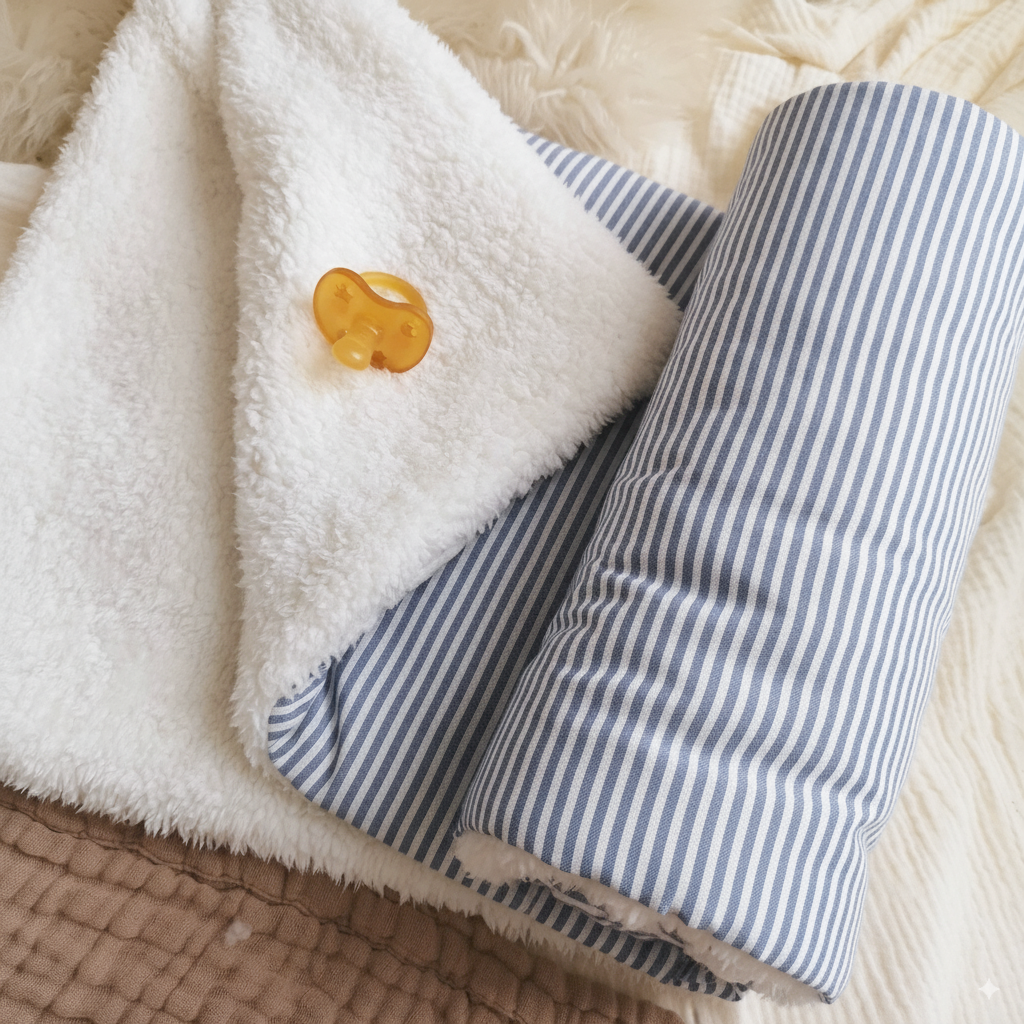 Couverture en lin et tissus peluche - Rayé bleu