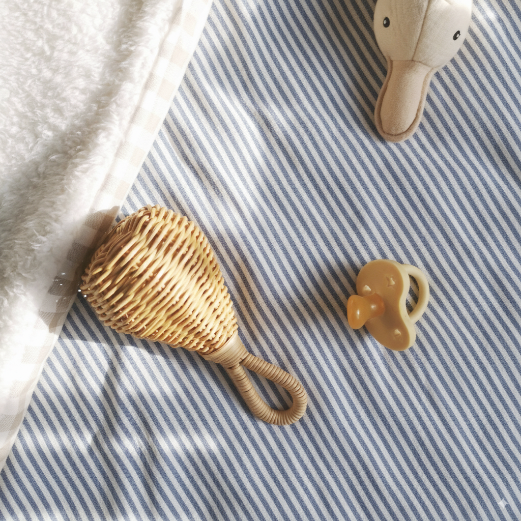 Couverture en lin et tissus peluche - Rayé bleu