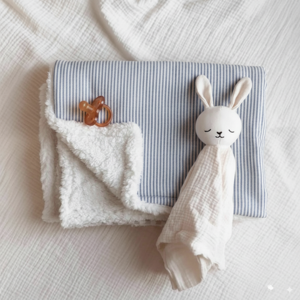 Couverture en lin et tissus peluche - Rayé bleu