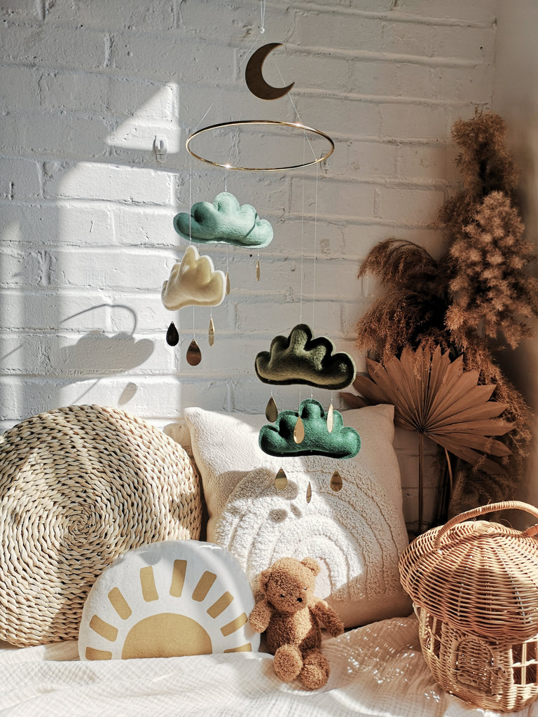 Green Baby Boy Mobile | Handmade Felt Cloud Mobile | The Butter Flying