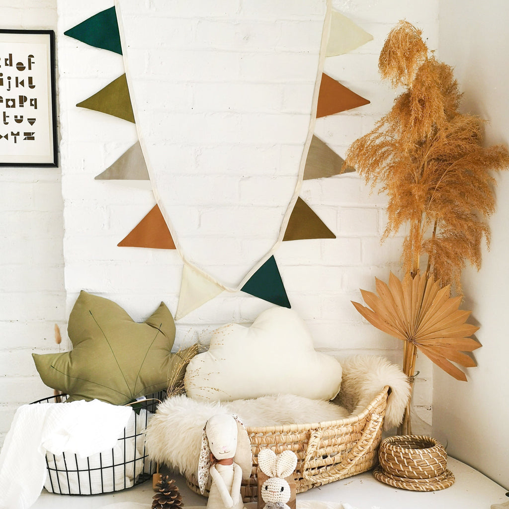 SAFARI_Beautiful handmade fabric bunting in soft earthy tones — olive green, forest green, light grey, off-white, and mustard ochre. Perfect for a woodland or boho-inspired nursery, birthday party, baby shower, or photo shoot. The Butter Fying