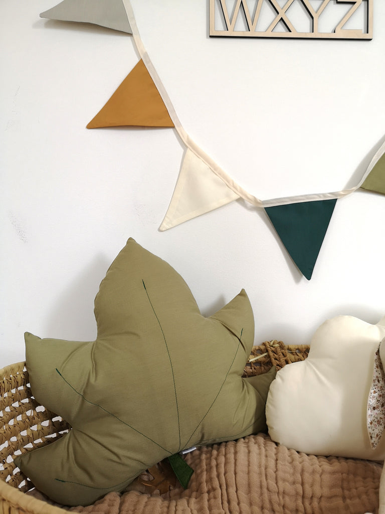 SAFARI_Beautiful handmade fabric bunting in soft earthy tones — olive green, forest green, light grey, off-white, and mustard ochre. Perfect for a woodland or boho-inspired nursery, birthday party, baby shower, or photo shoot. The Butter Fying