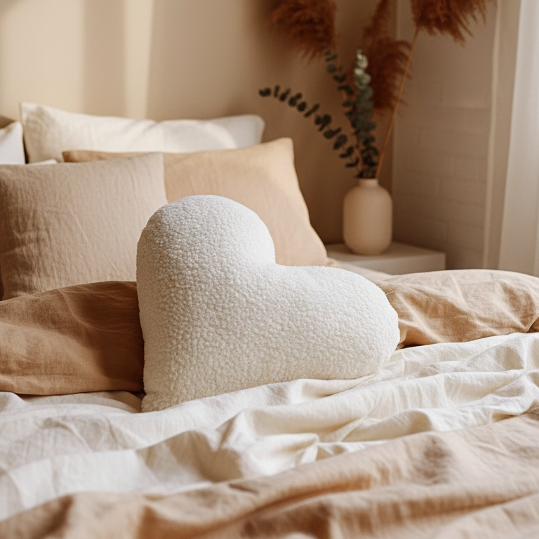 coussin en forme de coeur sur un lit
