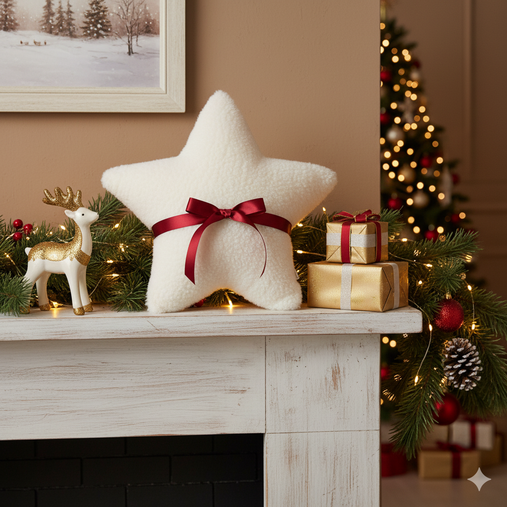 Coussin étoile de Noël- Ruban bourgogne