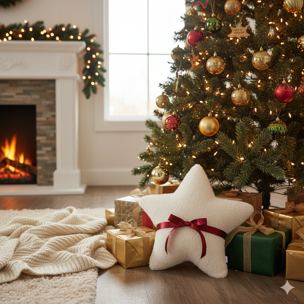 Coussin étoile de Noël- 2025-Ruban bourgogne