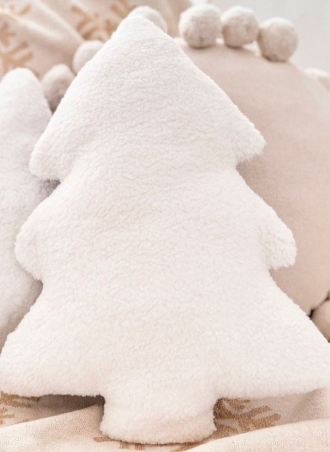 Coussin Sapin de Noel, Doux coussin de Noel en sherpa blanc décoratif pour chalet theme Noel, Décoration coussin chalet ski