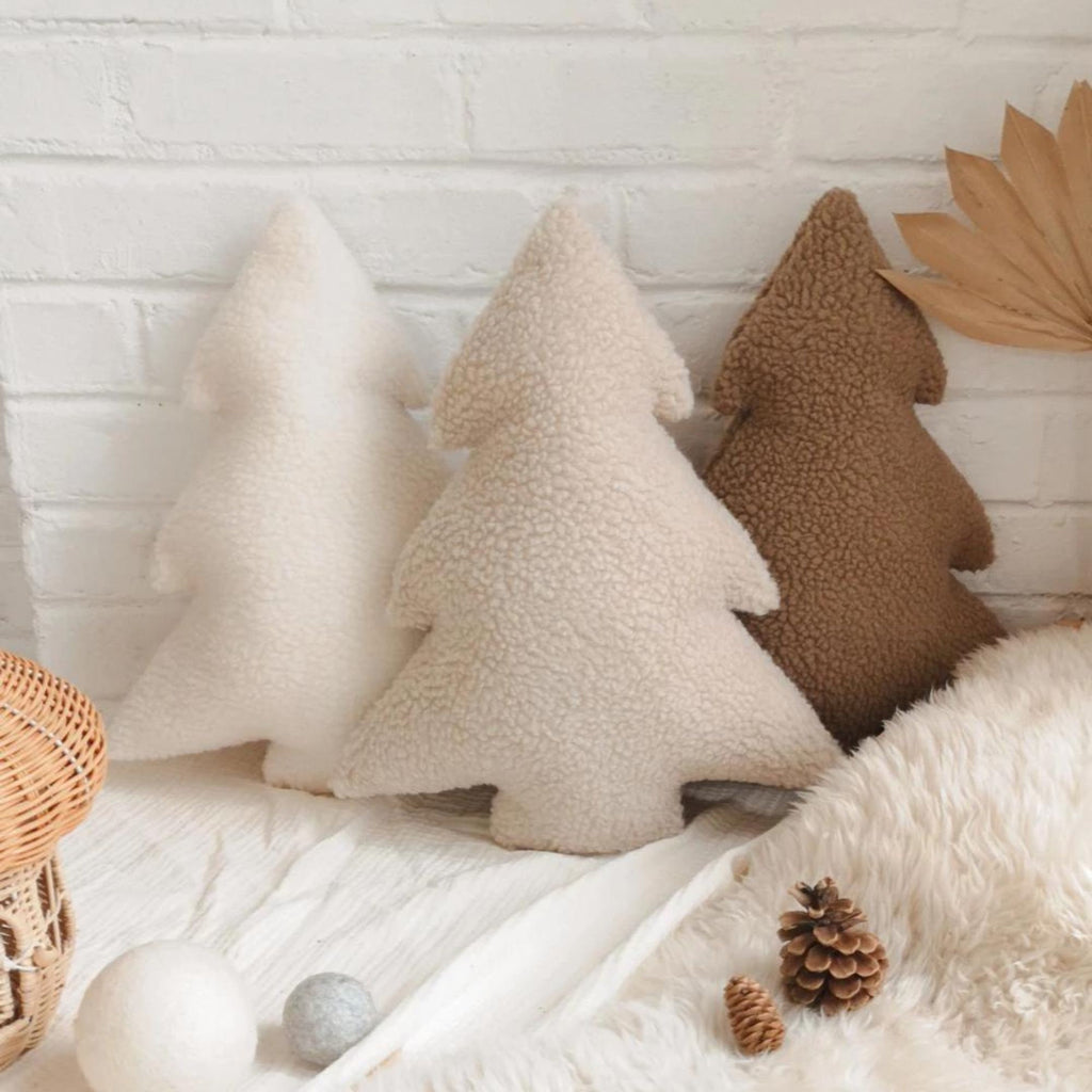 Coussin Sapin de Noel, Doux coussin de Noel en sherpa blanc décoratif pour chalet theme Noel, Décoration coussin chalet ski