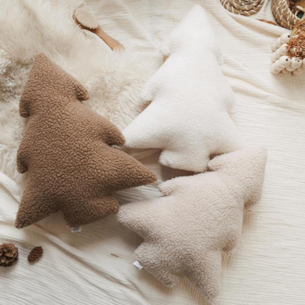 Coussin Sapin de Noel, Doux coussin de Noel en sherpa blanc décoratif pour chalet theme Noel, Décoration coussin chalet ski