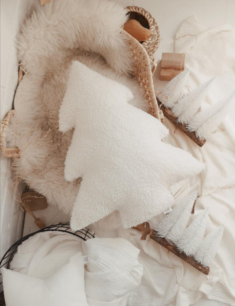 Coussin Sapin de Noel, Doux coussin de Noel en sherpa blanc décoratif pour chalet theme Noel, Décoration coussin chalet ski