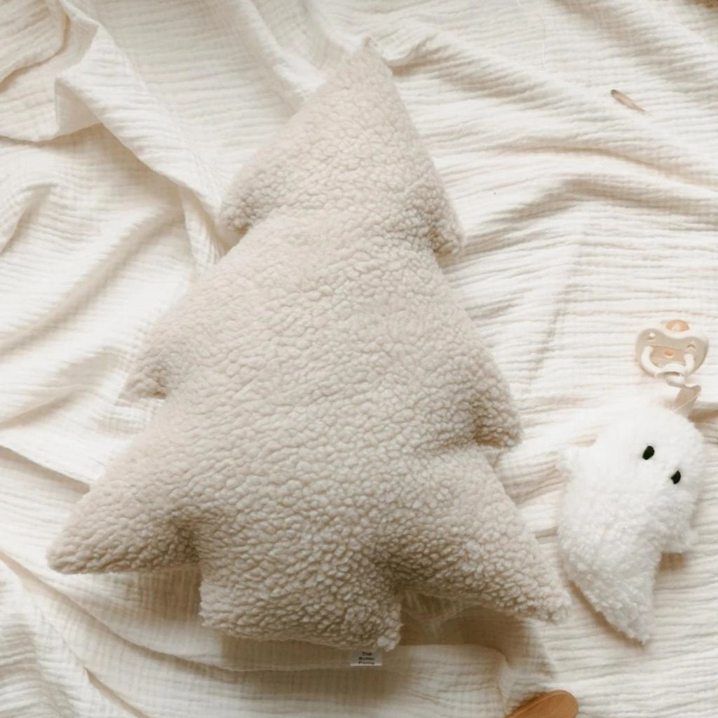 Coussin Sapin de Noel, Doux coussin de Noel en sherpa blanc décoratif pour chalet theme Noel, Décoration coussin chalet ski